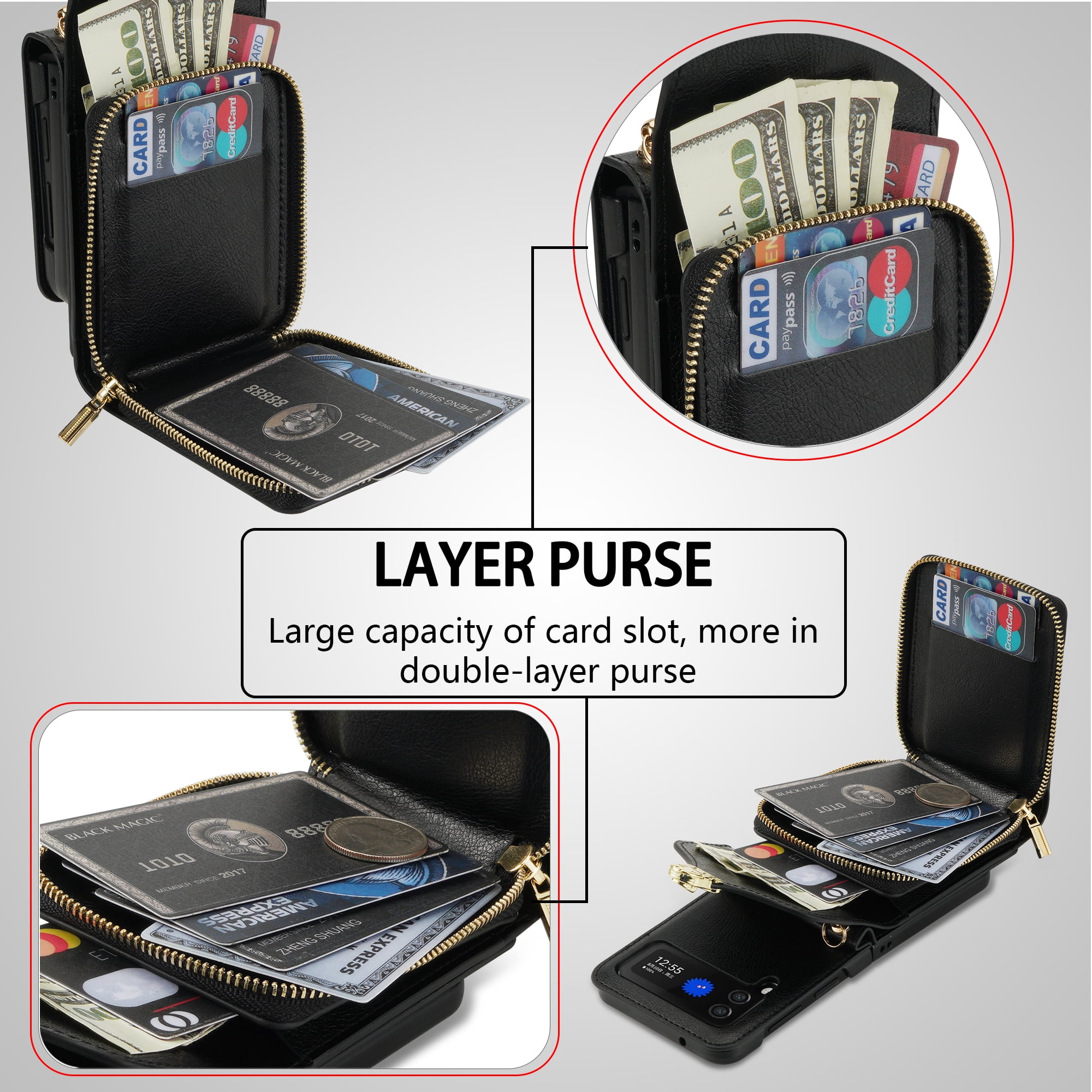 Handbag Wallet Case for Samsung Galaxy Z Flip 6 with Shoulder Strap, with Back Card Slots Holder PU Leather Magnetic Snap Zipper Flip Purse Shockproof Phone Cover for Galaxy Z Flip 6 - Black