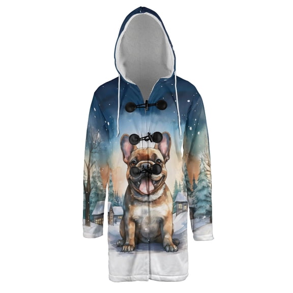 Hello Winter French Bulldog Welcome Snowy Night Watercolor Vintage All Over Print 3D Hooded Duffle Toggle Coat Dog Lover Gifts - 01011