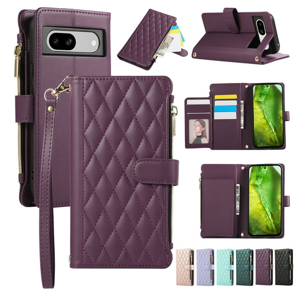Allytechgroup Google Pixel 6 Wallet Case with Cards Holder Zipper Pocket, RFID Blocking Hand Wrist Shoulder Strap Stylish Girls Women Phone Case for Google Pixel 6, Darkpurple
