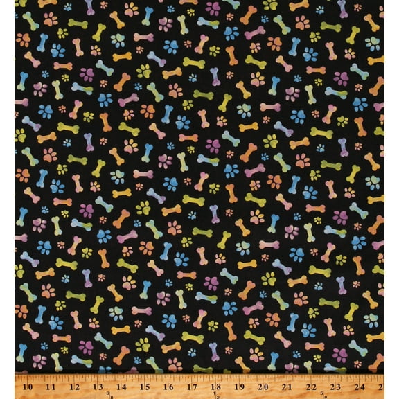 Cotton Dogs Puppies Puppy Pets Animals Treats Bones Paws Prints Black Cotton Fabric Print by the Yard (FLBWM-D28-Z)