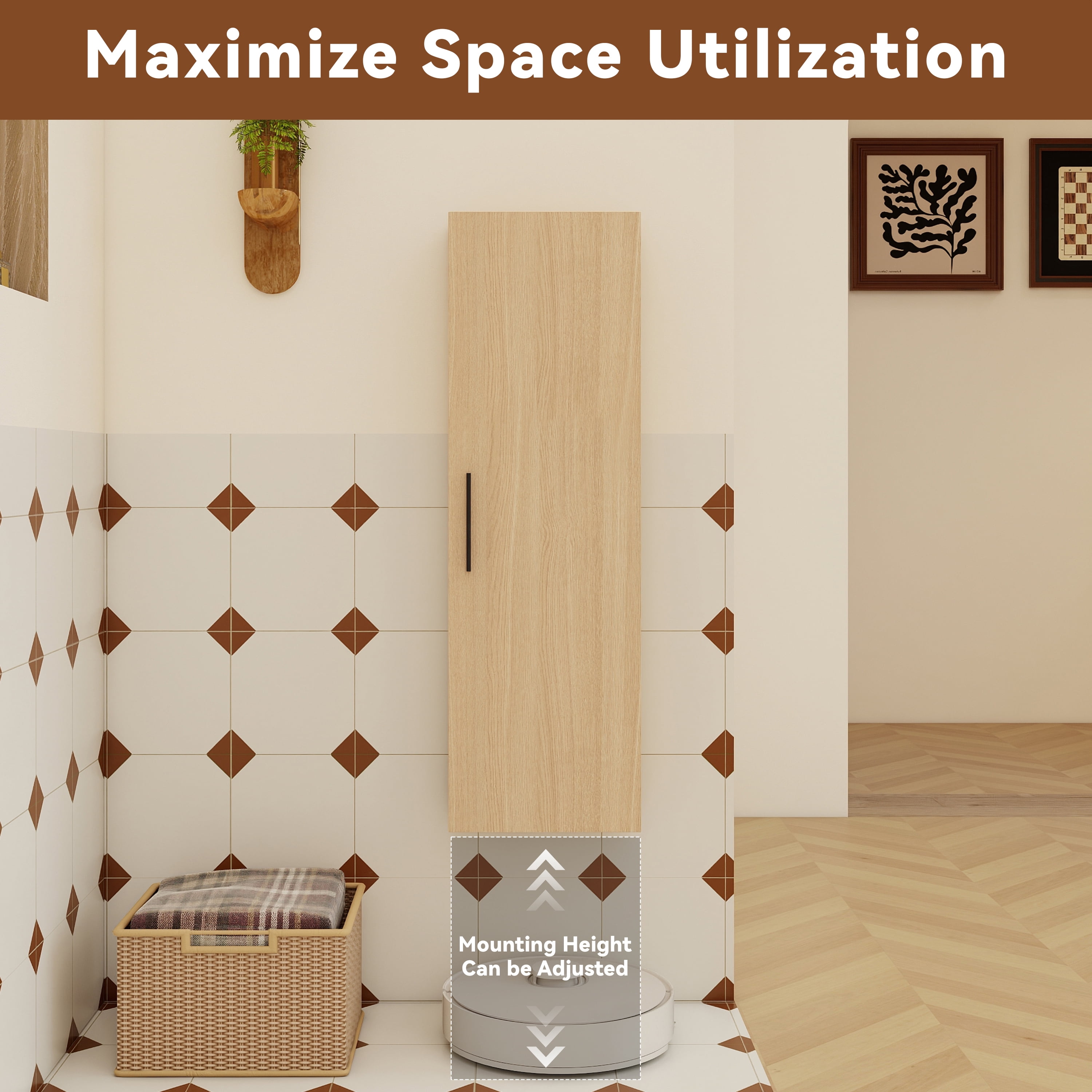 12" Tall Floating Bathroom Side Cabinet, Light Oak Plywood Linen Cabinet, Wall-Mounted Single Door Storage with Black/Aluminum Handles
