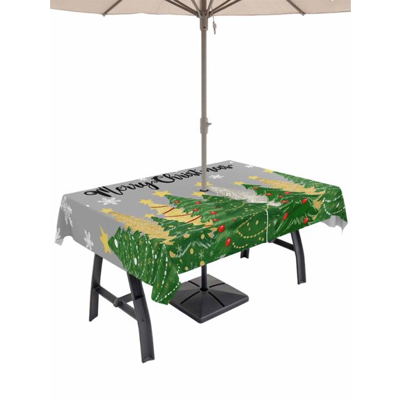 Outdoor Tablecloth with Umbrella Hole and Zipper, Grey Christmas Rectangle Table Cloth 54x80 Inch Waterproof Tablecloth, Green Xmas Tree Snowflake Stars Winter Picnic Table Cover for Patio Camping