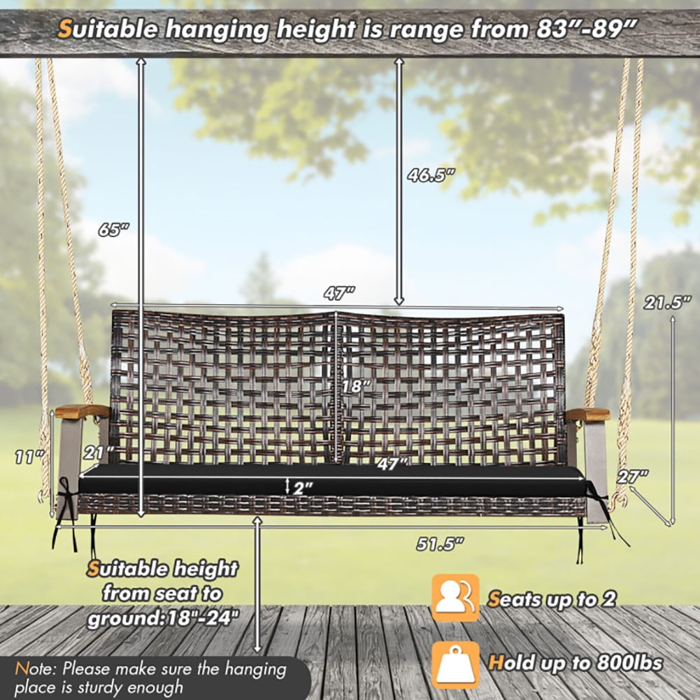 Aimee Lii 2-Person Rattan Hanging Porch Swing Chair, Swing Chair Outdoor, Black Aimee Lii 2-Person Rattan Hanging Porch Swing Chair, Swing Chair Outdoor, Black