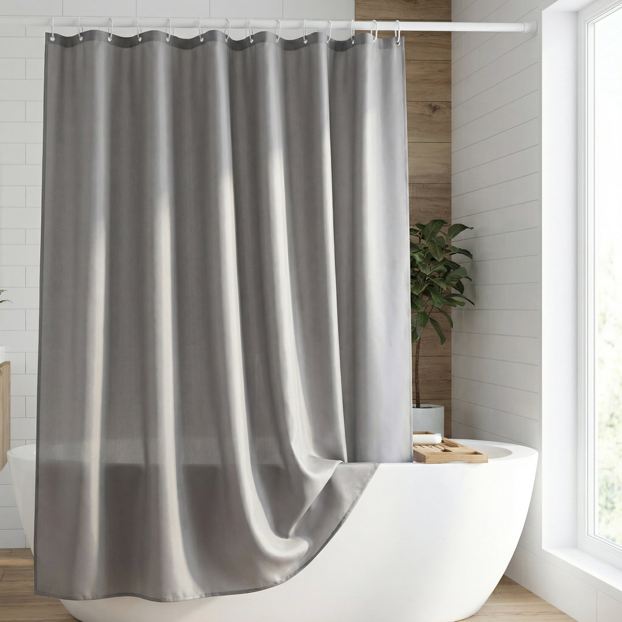 Unique Bargains Solid Polyester Shower Curtain Sets with 12 Hooks Grey 71"W x 71"L