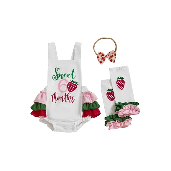 BemeyourBBs Baby Girls Half Birthday Outfit Baby Girl First Birthday Clothes Sleeveless Letter Donut Strawberry Print Romper with Bow Headband and Leg Warmers Set 3Pcs