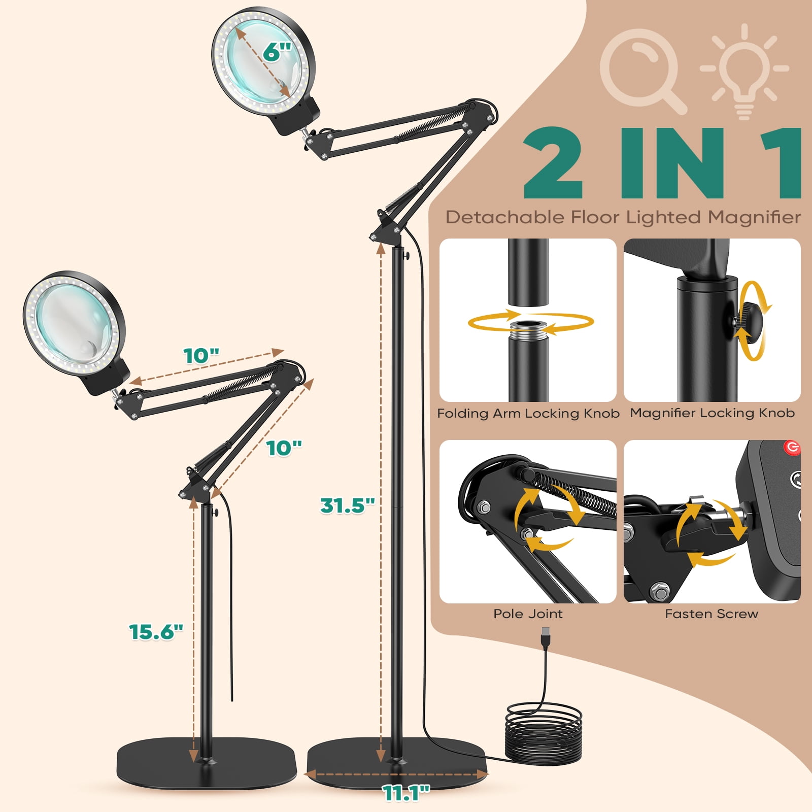Floor Magnifying Glass with Light, 72 LEDs 3 Color 10 Dimmable Magnifying Floor Lamp with Adjustable Height, Heavy Base, Hands-Free Magnifier for Reading, Sewing, Crafts, Close Work