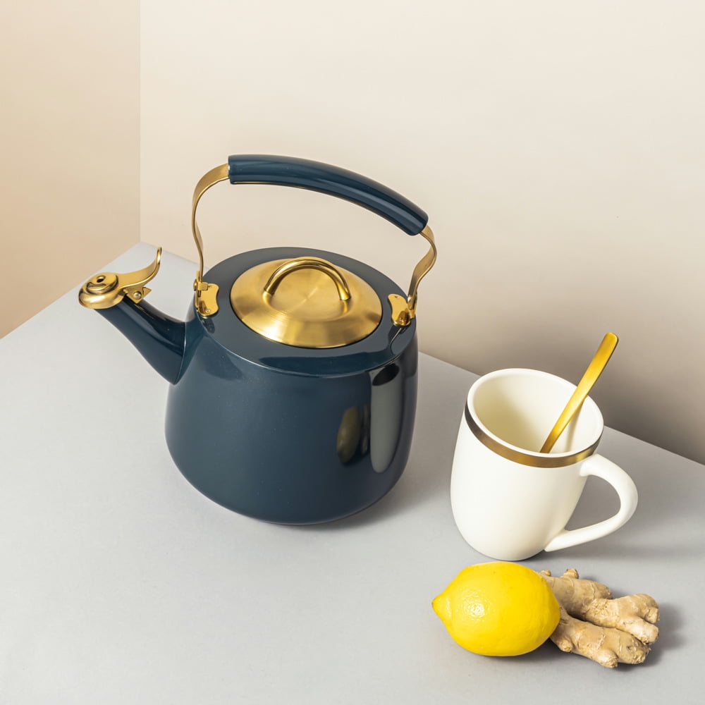 Thyme & Table Stainless Steel 1.8L Stovetop Tea Kettle- Blue & Gold