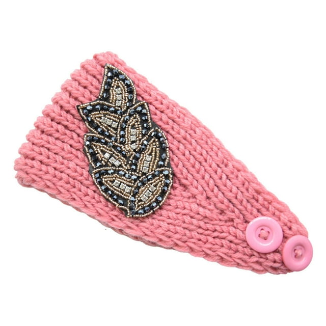 Crochet Headbands Winter Leaves Pattern with Rhinestones Elastic Head Protector Wide Warm Chunky Hair Accessories for Girls Skin pink