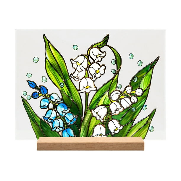 Caja de Pantalla de Acrílico, Ornamento de Decoración Floral de Escritorio Impreso con Gran Base de Madera, Textura Transparente de Vidrio de 21x15cm para Regalo para el Hogar