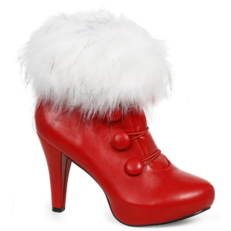 Women's Red Ankle Boots with Faux Fur