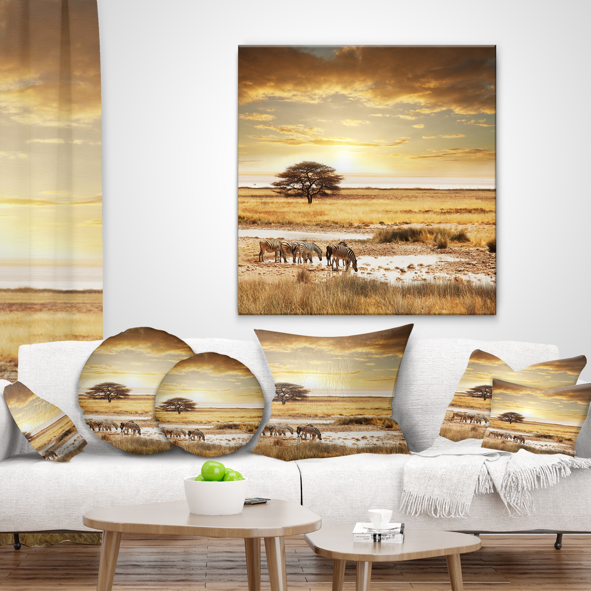 Designart Herd of Zebras Drinking Water - African Landscape Printed Throw Pillow - 16x16