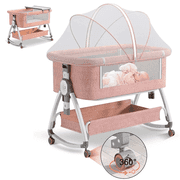 LUOLUO 4-in-1Baby Bassinet, Infant Bedside Crib with Storage Basket & Wheel & Changing Table, 6 Gear Adjustable Height, for 0-36 Months, Pink