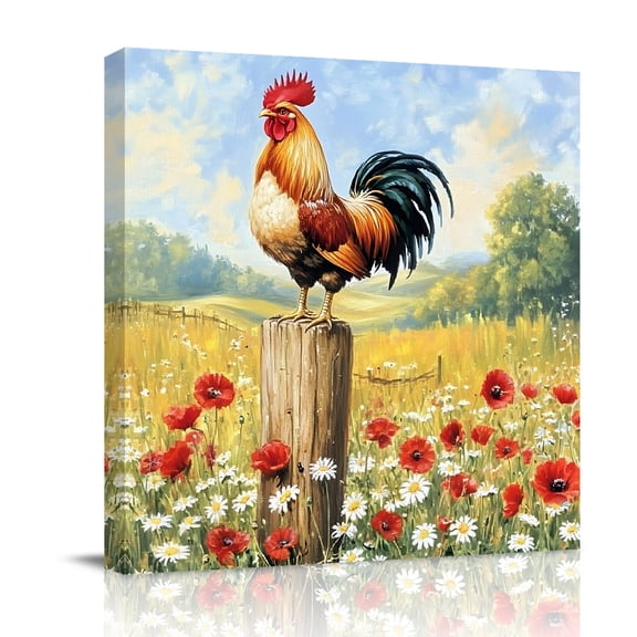 Rooster Canvas Wall Art for Living Room, Wildflowers Vintage Flowers Farm Watercolor Poster Print Painting for Bedroom Office Home Decoration Wall Pictures Prepare To Hang 12"x12"