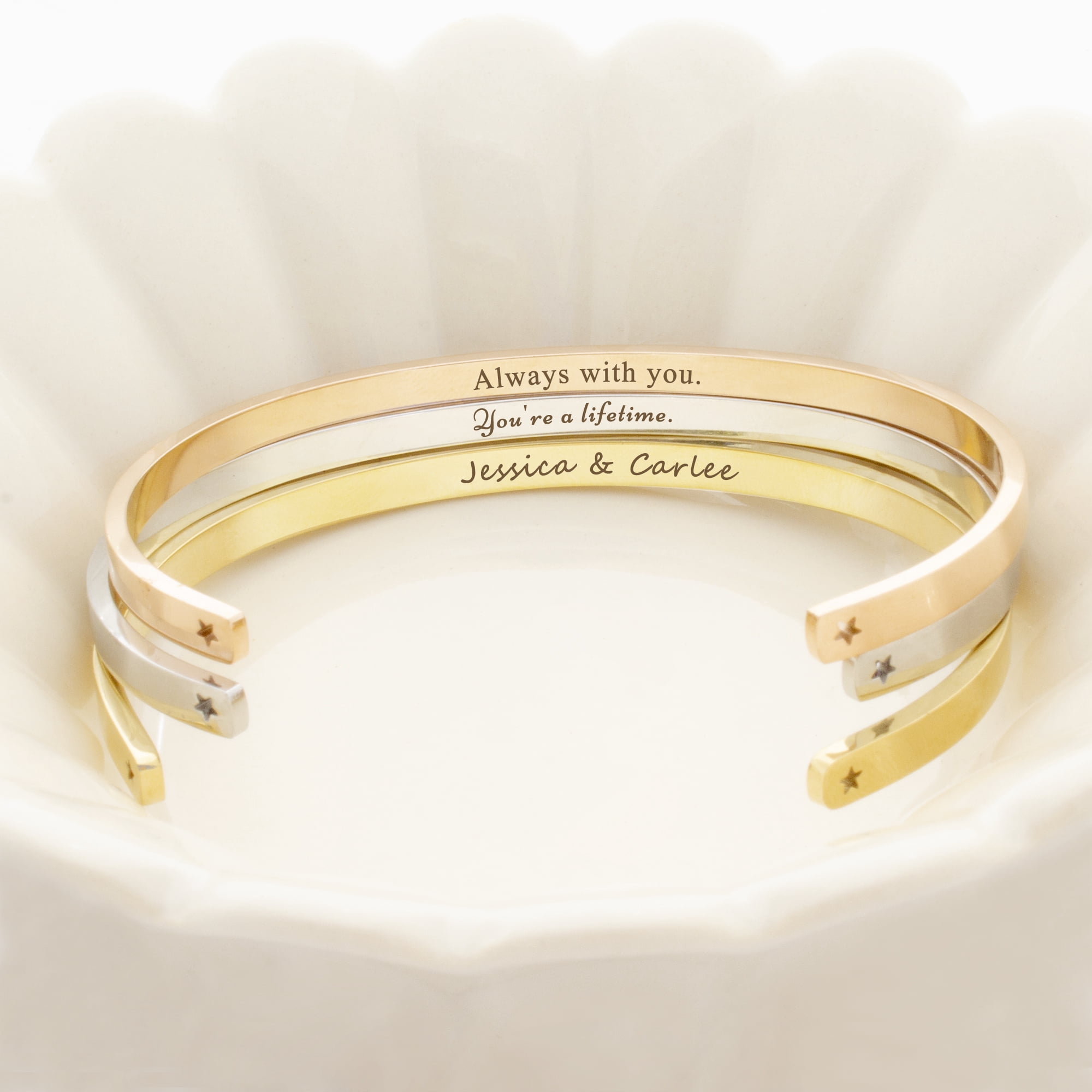 Personalized Gold Stainless Steel Stretchable Cuff Bangle Bracelet - Laser Engraved Dainty Bracelet - Non Tarnish - Stackable Bracelet - Gift for Her Gift Set