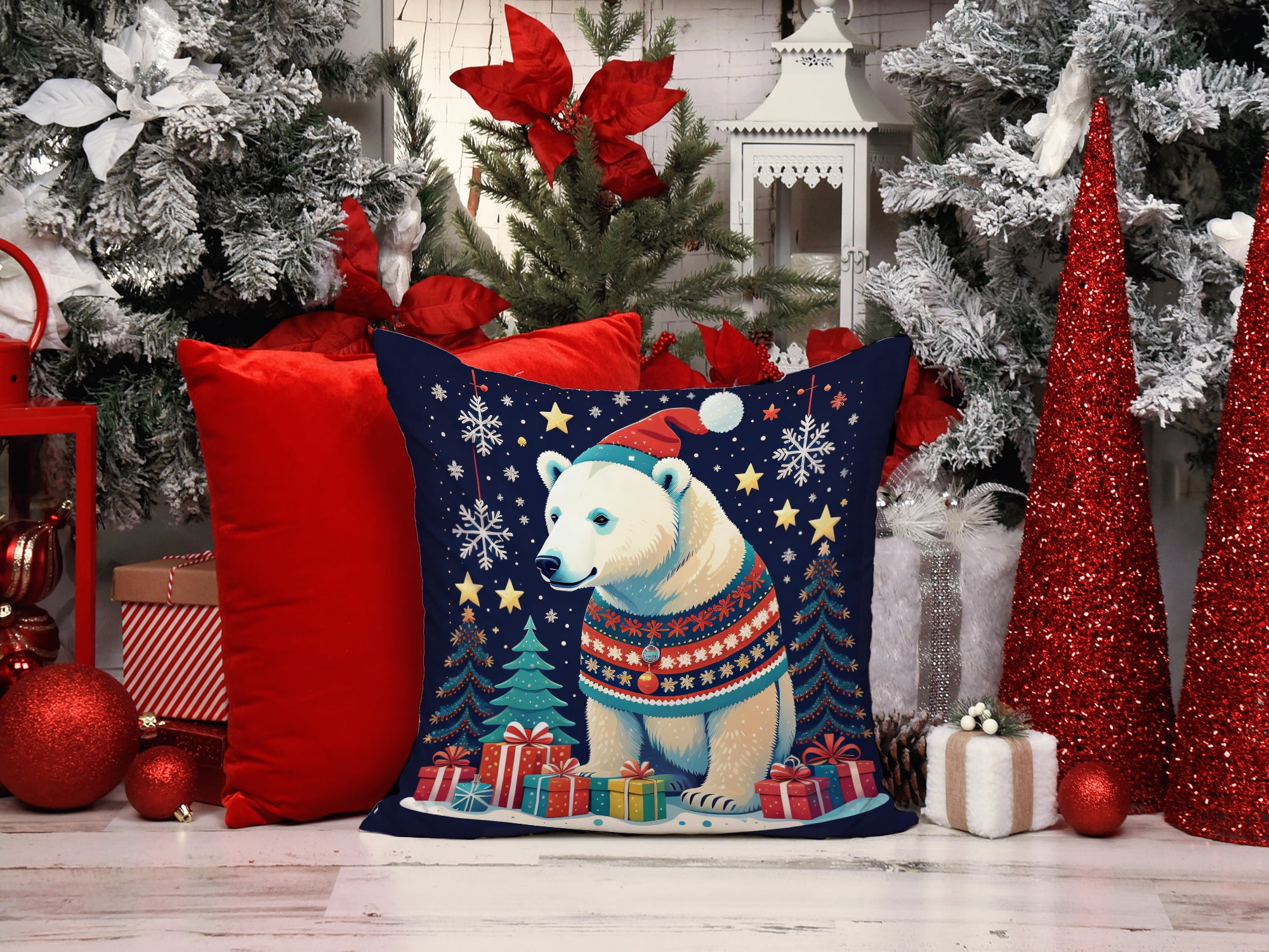 Polar Bear Christmas Fabric Decorative Pillow 14 in x 14 in