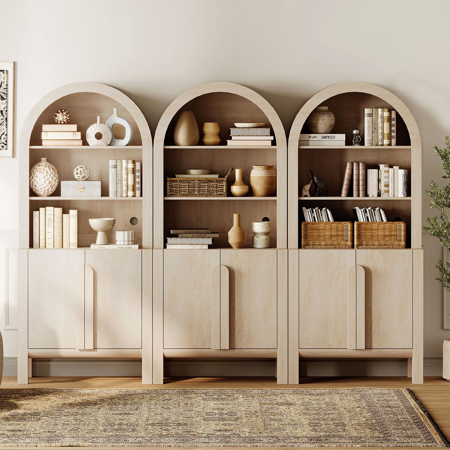 71"H X 94.5"W Arched Bookshelf, Modern 5 Tier Bookcase with 3 Cabinet, Wooden Large Display Cabinet with Doors and Adjustable Shelves, Versatile Bookshelf for Living Room, Study, Office