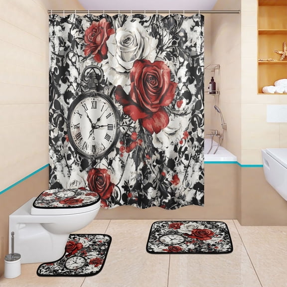 BZSMCE 4PCS Timeless Roses Shower Curtain Set Bathroom Decorative Set