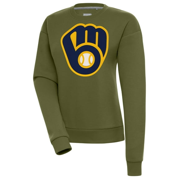 Women's Antigua Olive Milwaukee Brewers Victory Pullover Sweatshirt