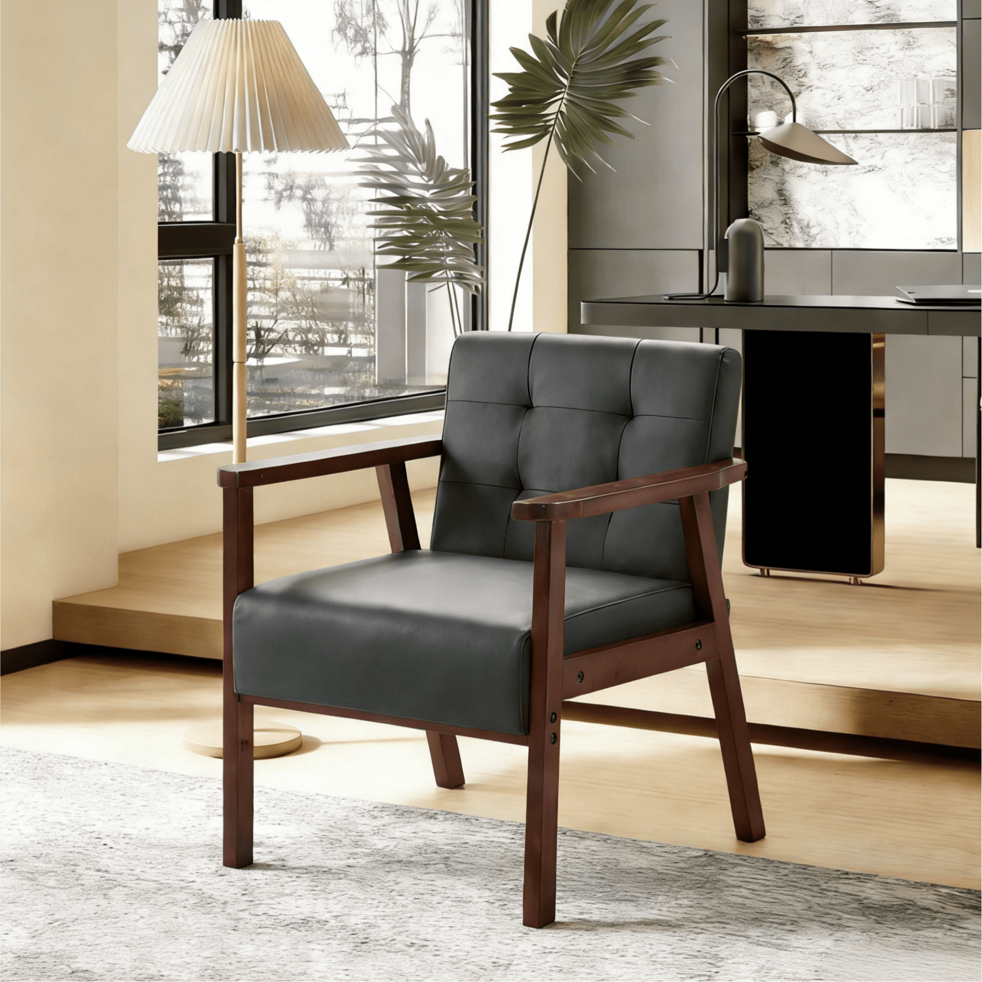 Gewnee Wood Frame Accent Armchair with Anti-Slip Foot Pads, for Living Room, Bedroom and Office, Black PU