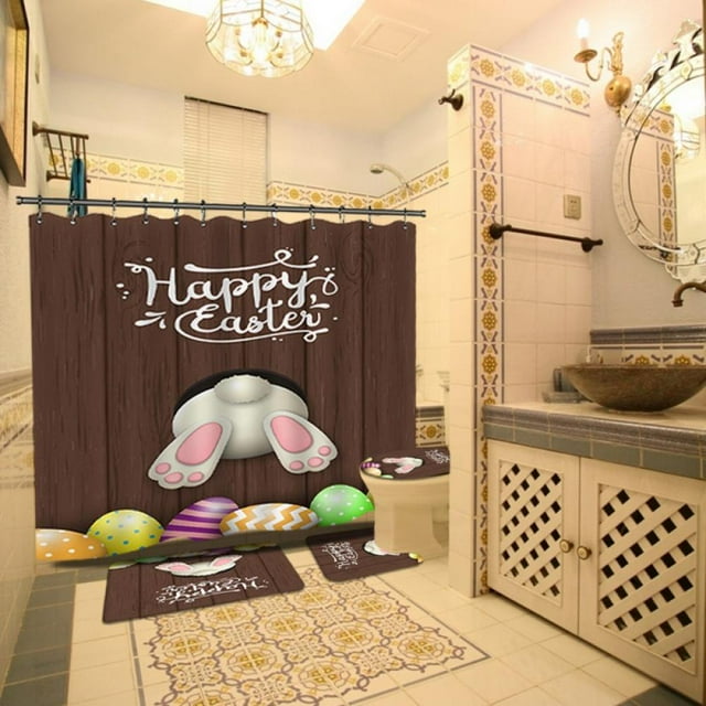 Waterproof Rabbit Easter Eggs Shower Curtain 4 Piece Bathroom Toilet Mat U-pad Set