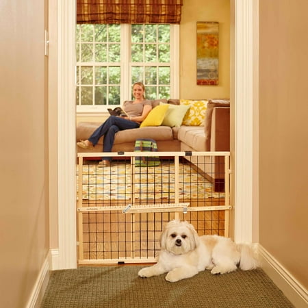 North States 26.5"-42" MyPet Wire Mesh Petgate for Small to Medium Dog Breeds, Natural Wood