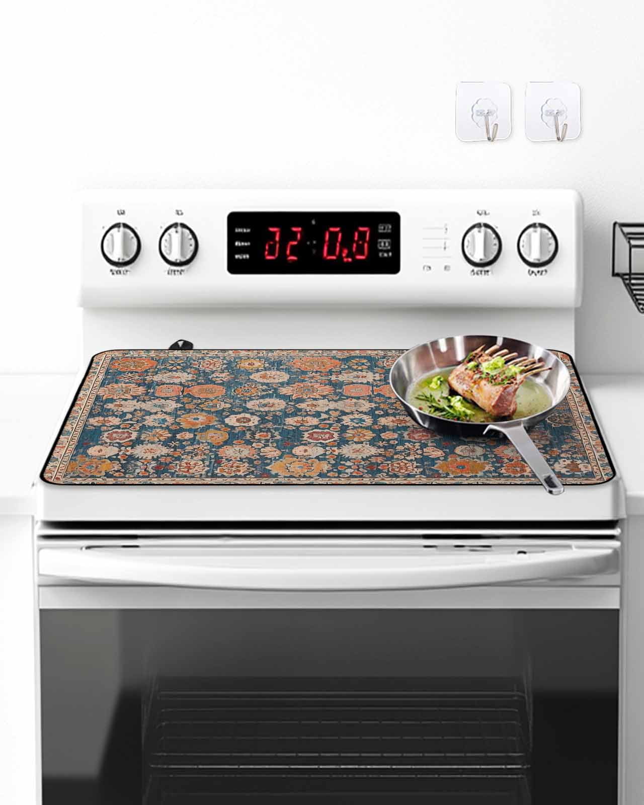 Stove Top Covers for Electric Stove, Blue Glass Stovetop Cover Protector, Ethnic Modern Geometric Abstract Art Induction Cooktop Protector Oven Mat for Kitchen Countertop 24"x21"