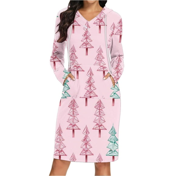 TIMIFIS Hooded Sweater Dress Women's Christmas Print Loose Long Sleeve Hoodie Sweater Top Hooded Dress with Pockets