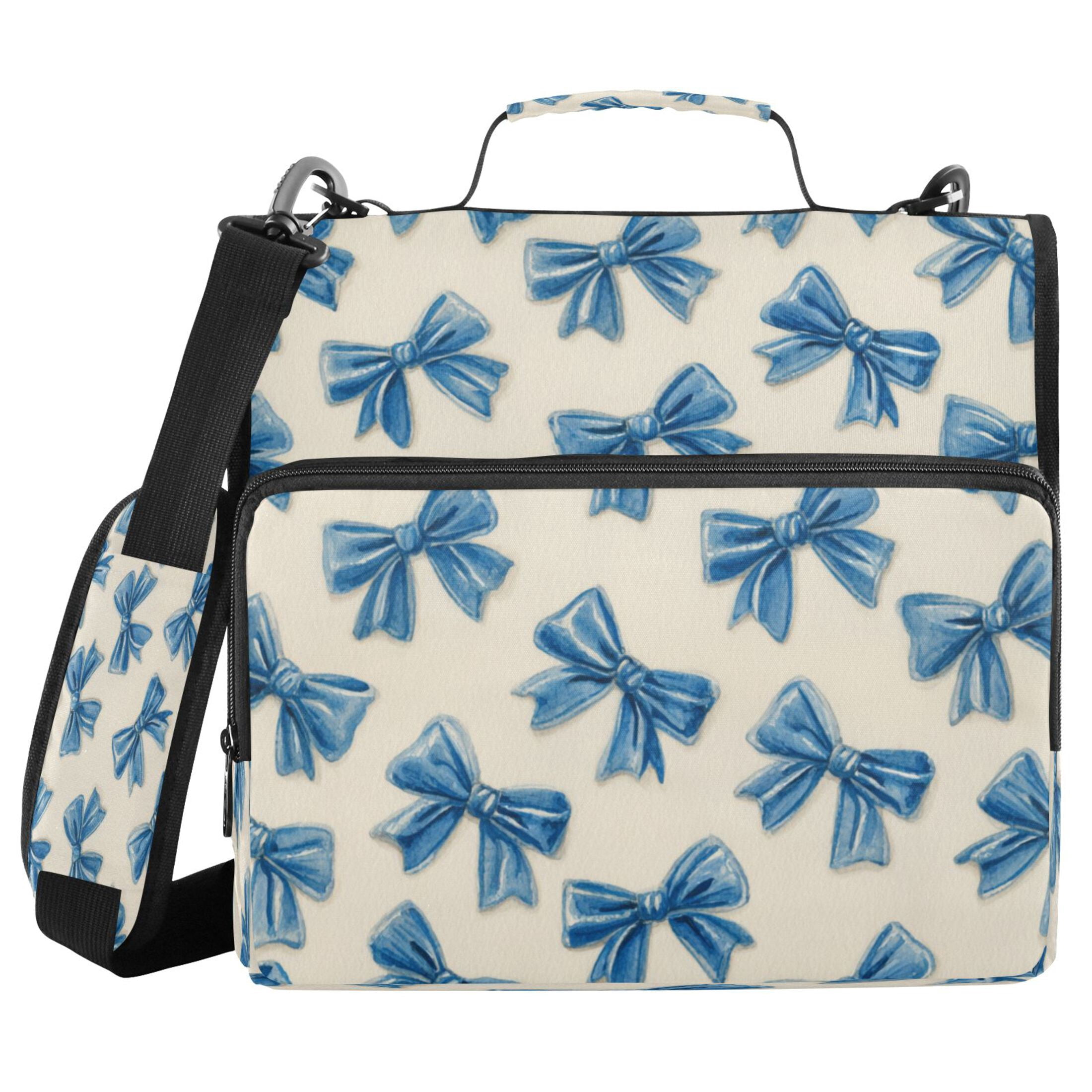 3 Ring Zipper Binder Stationery Organizer for Study Work Home Travel, All-Purpose File Folder Storage Bag for Daily Document Organization Classic Blue Bow Pattern