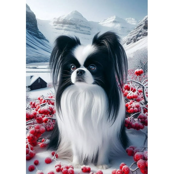 Japanese Chin Black and White - Best of Breed DCR Winter Berries Garden Flag