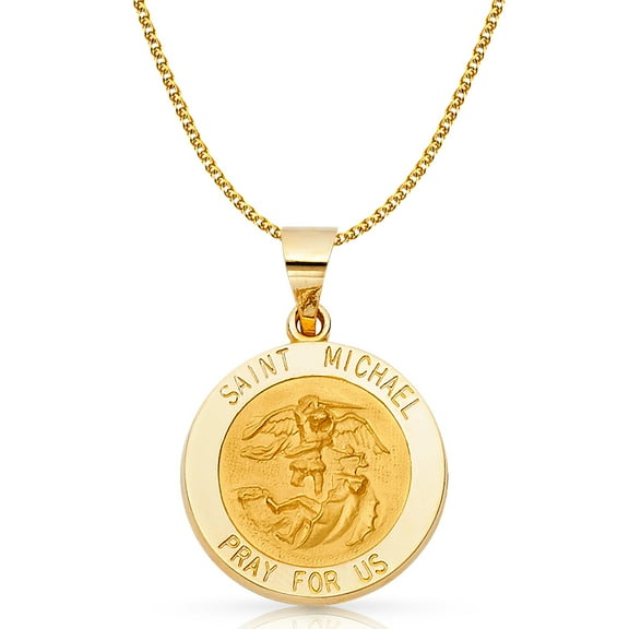 14K Yellow Gold St. Michael Charm Pendant with 1.7mm Flat Open Wheat Chain Necklace