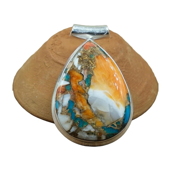 Large Pear Orange Spiny Oyster Turquoise Stone 925 Sterling Silver Statement Pendant Gift Jewelry for Men and Women