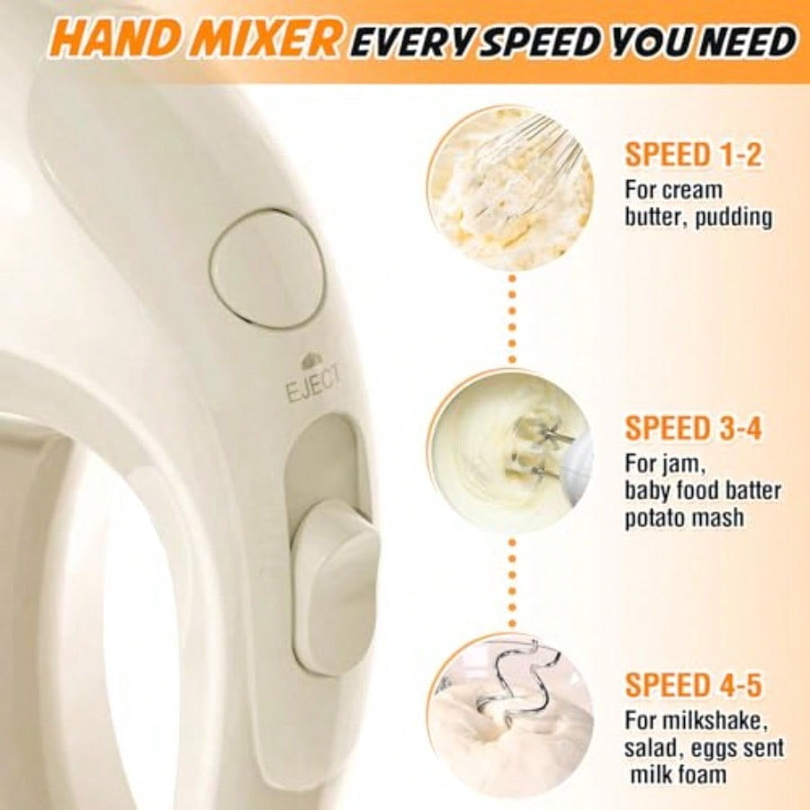 Handmixer Electric Handheld - 5 Speed Portable Kitchen Mixer Electric with 5 Stainless Steel Accessories Whisk Food Beater for Whipping Mixing Cookies Ivory