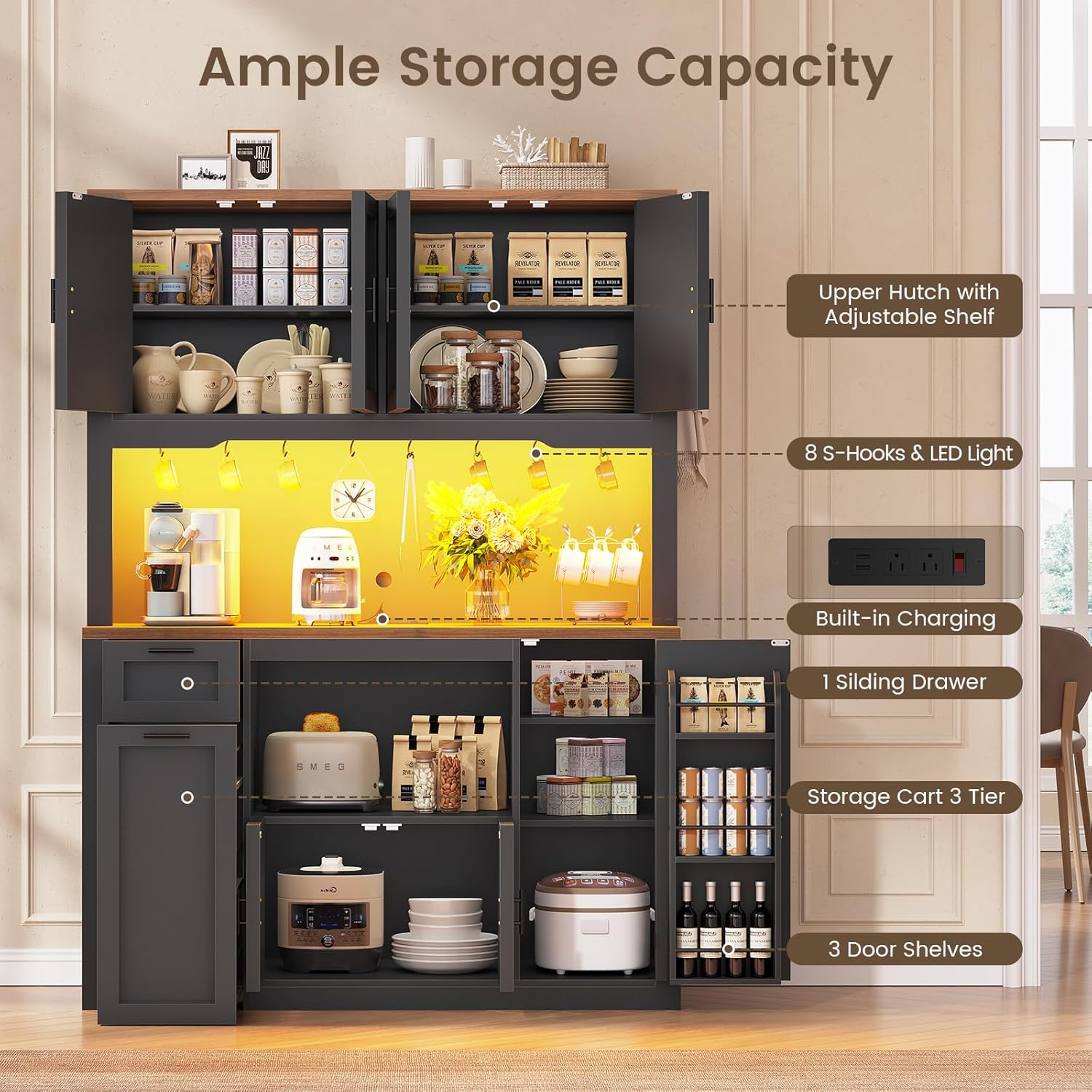 Farmhouse Pantry Cabinet, Tall Kitchen Pantry Storage Cabinet with Power Outlets & Microwave Stand, 47.3" Wide Large Kitchen Cabinet with Drawer, Storage Cart & 3 Door Shelves for Dining Room, Black