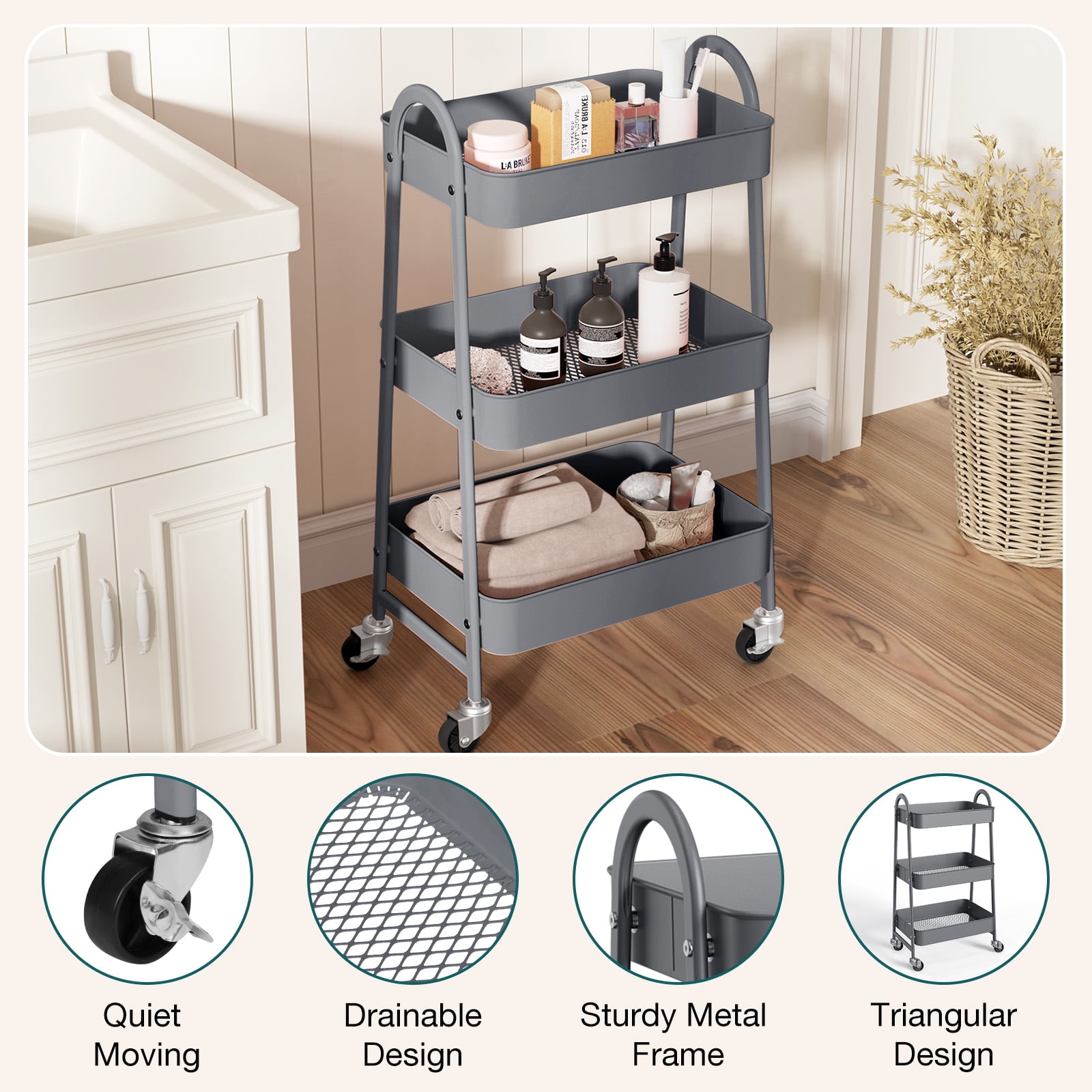 ZUNMOS 3 Tier Rolling Cart, Metal Utility Storage Cart with Lockable Wheels for Livingroom, Bathroom, Kitchen & Narrow Spaces,Gray