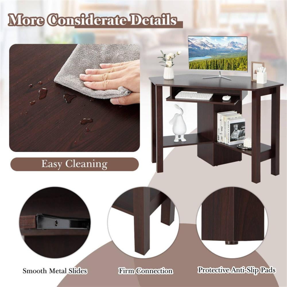Demi Bonn Wooden Computer Corner Desk with Drawer for Home Office Sturdy Writing Workstation, Brown