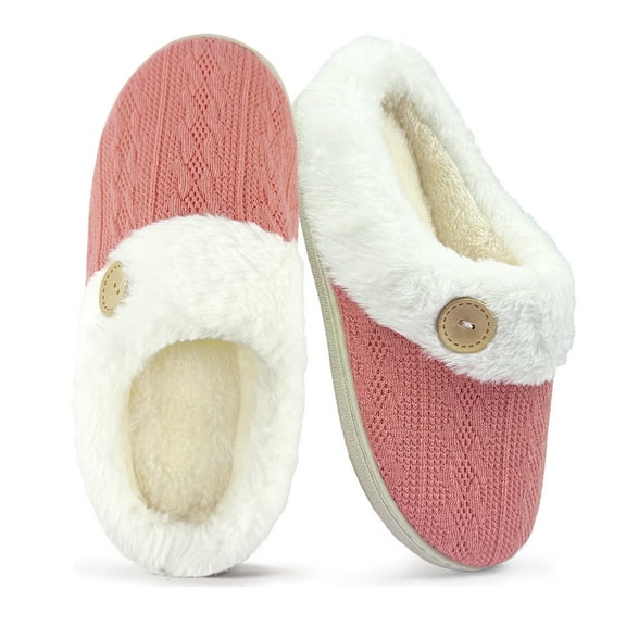 Amaopus Warm Knit House Slippers for Women, Memory Foam House Slippers Knitted Shoes, Faux Fur Lined Anti-Skid Rubber Sole, Cozy Indoor Outdoor Slippers