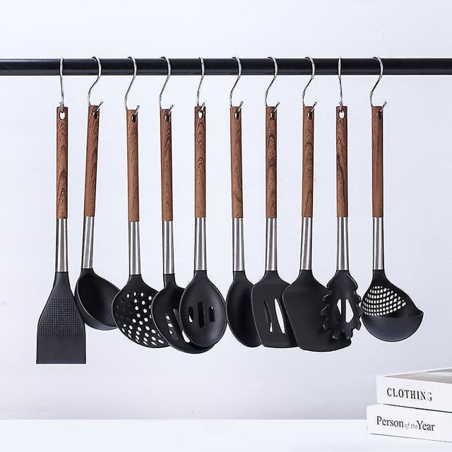 Ensemble d'Ustensiles de Cuisine 10 Pcs, Poignée en Nylon Imitation Bois Résistant à la Chaleur, Spatule Multifonction Anti-Rayures pour Ustensiles de Cuisine Antiadhésifs