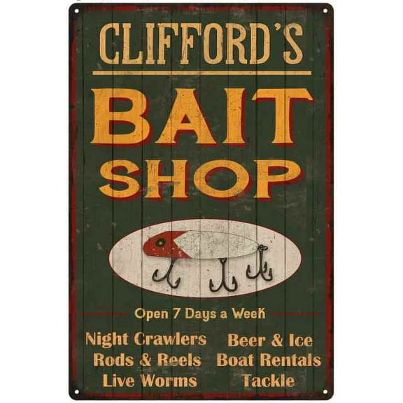 CLIFFORD'S Green Bait Shop Man Cave Wall Decor Gift 8x12 Metal 108120027152