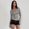thumbnail image 6 of Mesh Top for Women Flared Sleeve Ship Collar Mesh Shirt Sheer Top Solid Floral Tee Shirts Grey M, 6 of 9