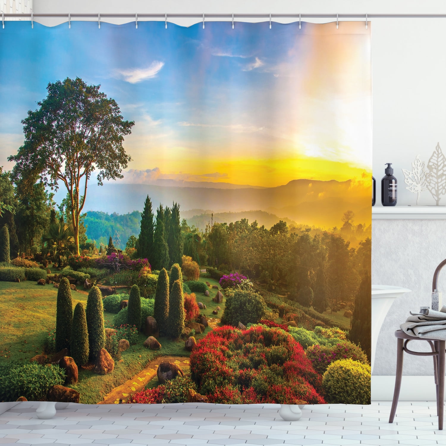 Garden Shower Curtain, Fresh Forest with Colorful Flowers on Hill with Sunrise in Morning