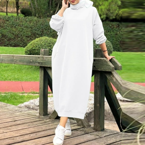 AOOCHASLIY Fall,Women's Fashion Round Neck Winter Warm Color Long Sleeve Pocket Long Dress