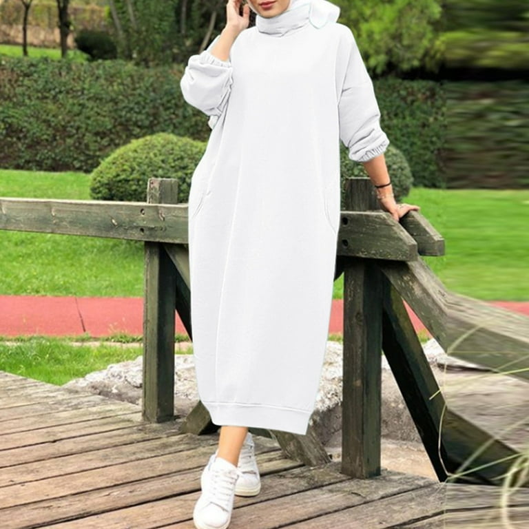 Maxi Sweatshirt Dress for Women with Pockets Plus Size Long Sleeve High Neck Plain Sweater Pullover Cotton Dress 5X Large White
