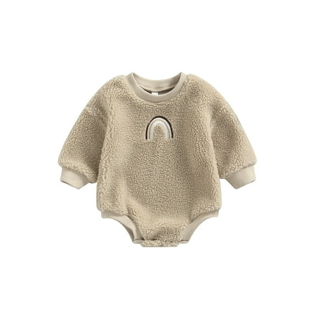 

Calsunbaby Infant Baby Girls Autumn Romper Kids Boys Long Sleeve Rainbow Patchwork Plush Bodysuit Clothes Khaki 0-3 Months