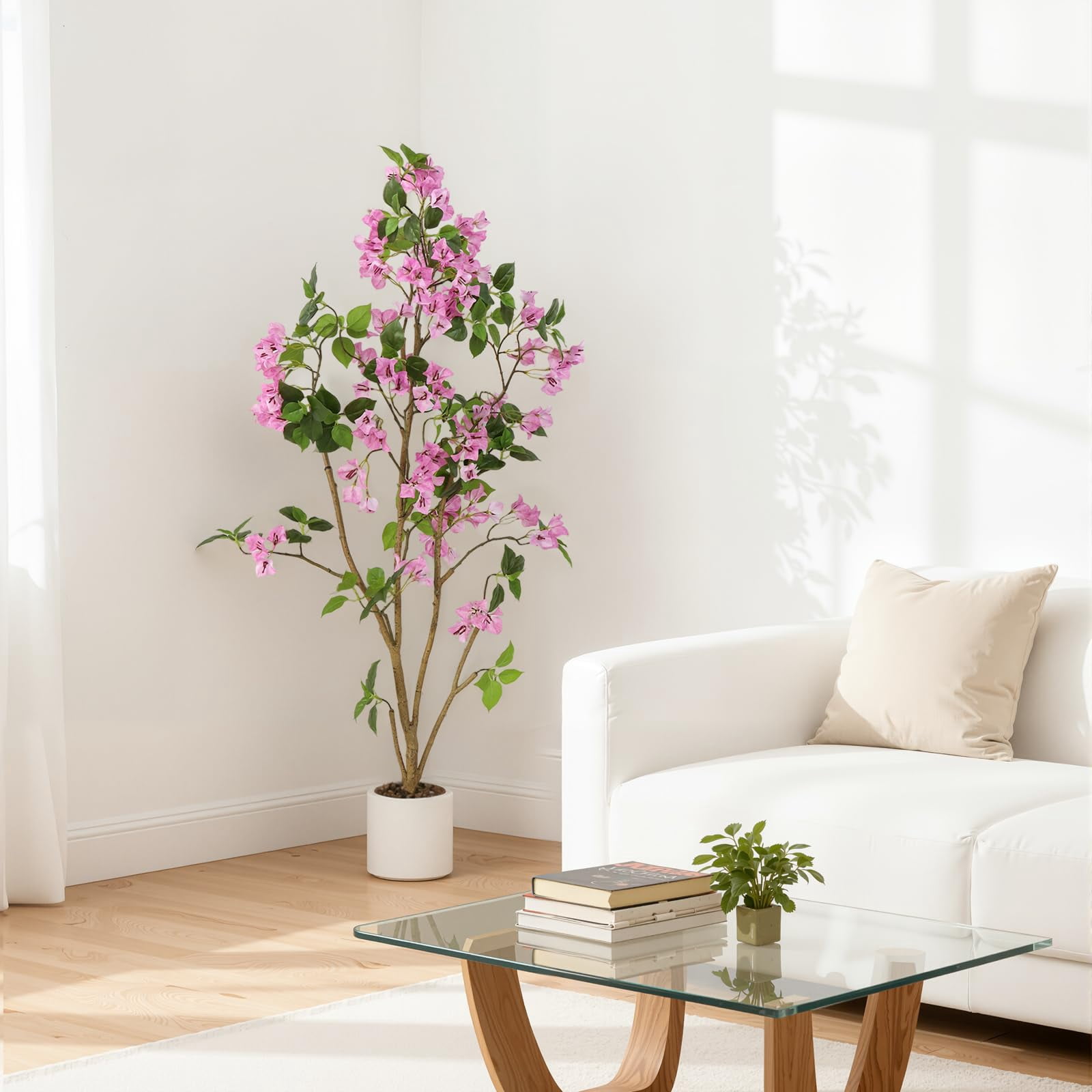 2-Pack 4FT Artificial Bougainvillea Trees with Large White/Pink/Purple Fake Flowers, Potted Faux Plants for Indoor Outdoor Porch Patio Decor