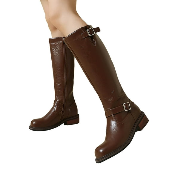 Knee High Boots Women Retro Leather Long Motorcycle Boots Round Toe Low Heel Trendy Buckle Zip up Fall Winter Mid Calf Booties