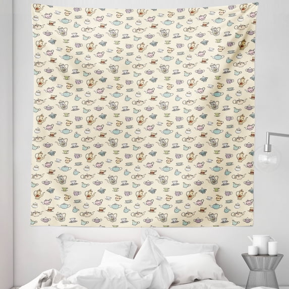 Tea Party Tapestry, Vintage Teapots and Cups with Colorful Floral Motifs Traditional Midday Break, Fabric Wall Hanging Decor for Bedroom Living Room Dorm, 5 Sizes, Multicolor, by Ambesonne