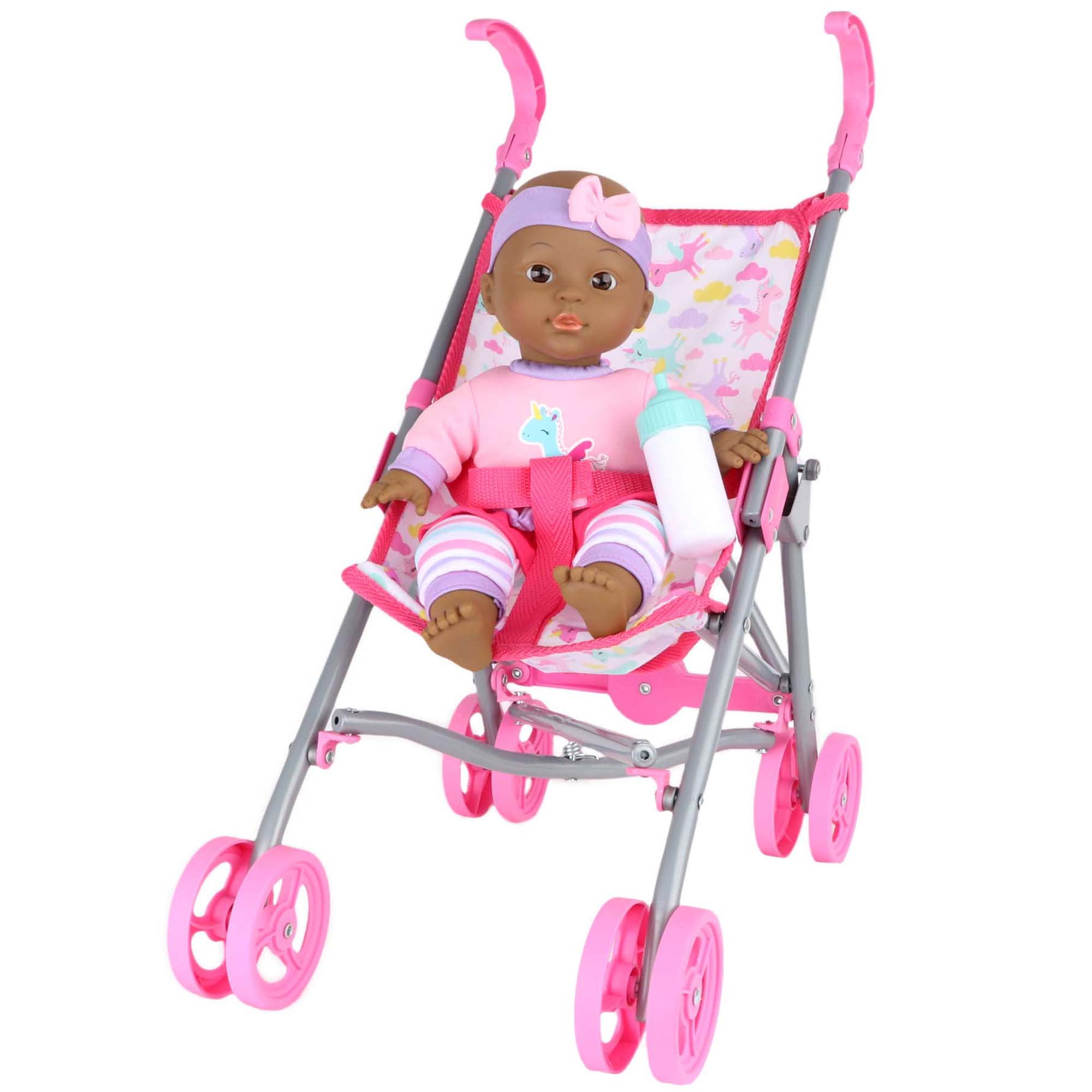 Dream Collection: Care Gift Set - 12" African American Baby Doll & Stroller - Unicorn-Pink-Purple, Toy Care Accessories, Bag & Extra Outfit, Kids 3+