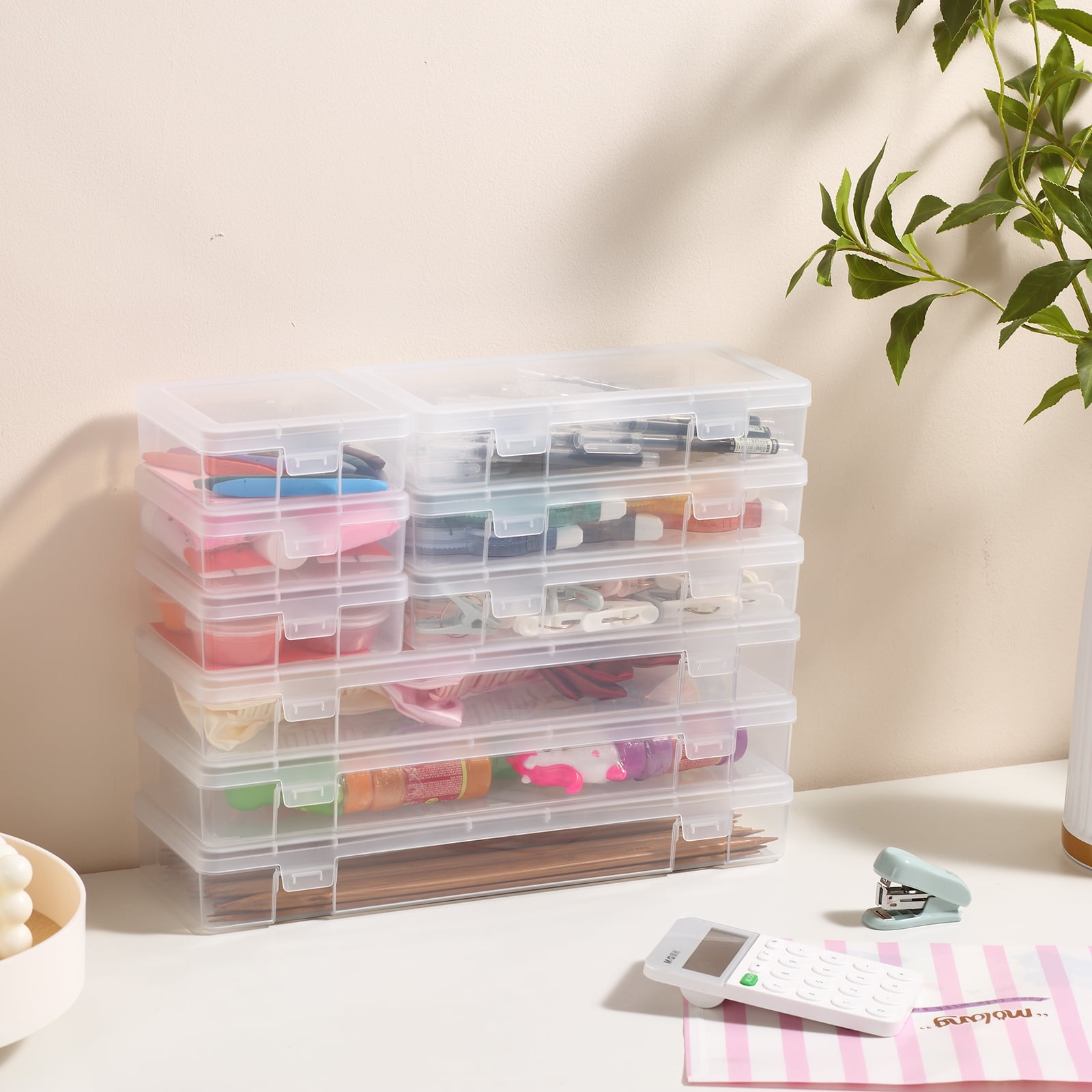 Novelinks 9 Pack Stackable Plastic Storage Box Containers Clear Hobby Art Craft Organizer Rectangle Box for Pencil Box Crayon Beads Jewelry,(3 Small + 3 Medium + 3 Large)
