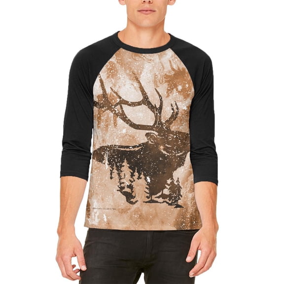 Distressed Brown Elk Silhouette Mens Raglan T Shirt White-Black X-LG