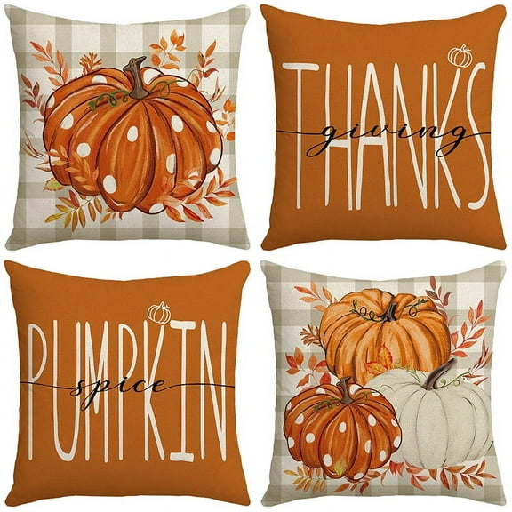 Janrevotw Autumn Pillow Covers 17x17 4 Piece Set Burnt Orange Pumpkin Autumn Theme Thanksgiving Harvest Print Decorative Pillow Outdoor Pillow Covers Farmhouse Cushion Covers Sofa Bed Decoration